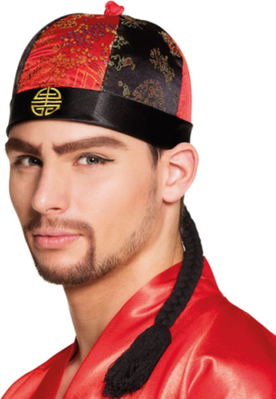 Rød og Svart Kinesisk Hatt med Flette