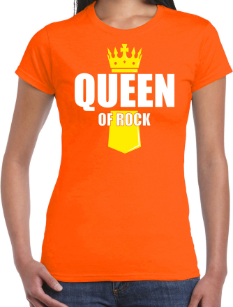 Koningsdag t-shirt Queen of rock met kroontje oranje voor dames