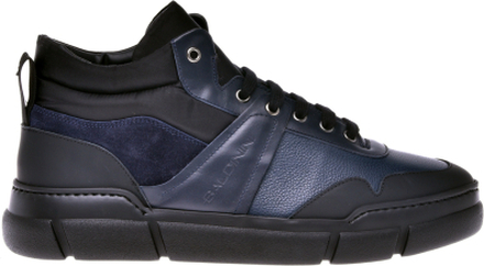 High-top trainers in navy blue leather and black fabric