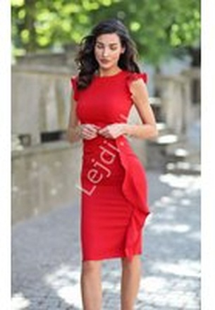 Czerwona sukienka ołówkowa o długości midi z falbaną, KM66