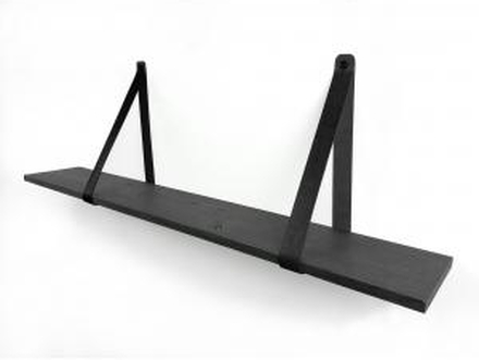 Eiken 18mm wandplank recht zwart 100 x 20 cm inclusief leren riemen zwart