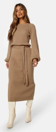 BUBBLEROOM Round Neck Rib Knitted Midi Dress Light brown 2XL