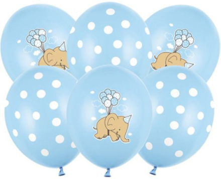 50 stk. Pastellblå Ballonger med Svevende Søt Elefant og Hvite Prikker