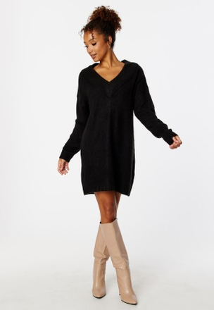BUBBLEROOM Knitted V-neck Sweater Dress Black S