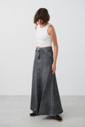 Gina Tricot - Wide denim skirt - jeanskjolar - Black - 34 - Female
