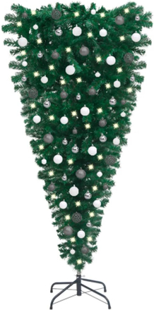 vidaXL Uppochnedvänd plastgran med LED och julgranskulor 120 cm