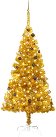 vidaXL Plastgran med LED och julgranskulor guld 210 cm PET