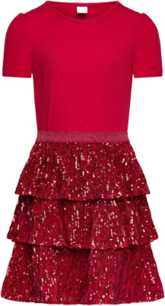 Dress S S Sequin Flounce Skirt Dresses & Skirts Dresses Casual Dresses Short-sleeved Casual Dresses Rød Lindex*Betinget Tilbud