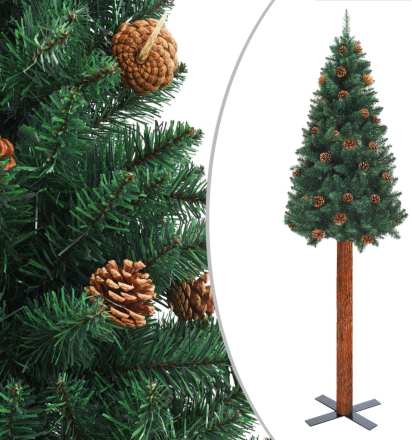 vidaXL Slankt juletre med ekte tre og furukongler grønn 180 cm PVC