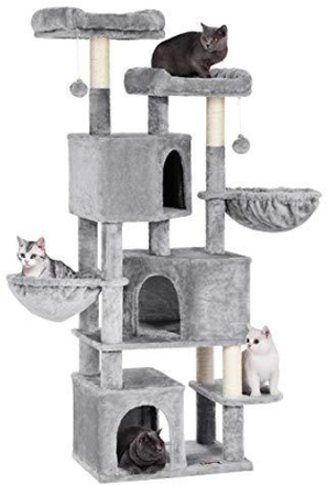 Stort kattetræ med 3 kattehuler, 164 cm kattetårn, lysegrå