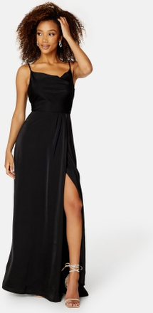 Bubbleroom Occasion Waterfall High Slit Satin Gown Black 42