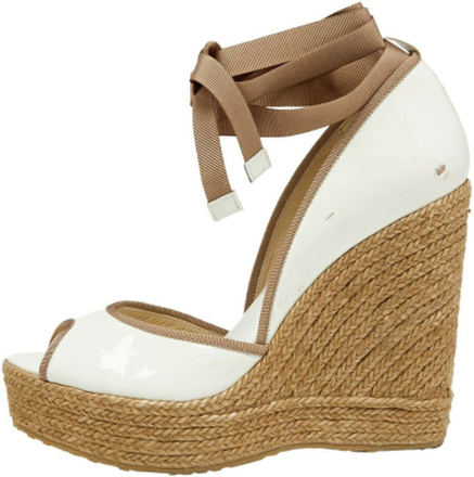 Jimmy Choo White/Brown Patent Leather and Jute Ankel Wrap Wedge Sandals Size 39