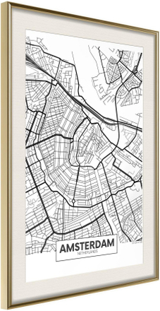 Inramad Poster / Tavla - City map: Amsterdam - 40x60 Guldram med passepartout
