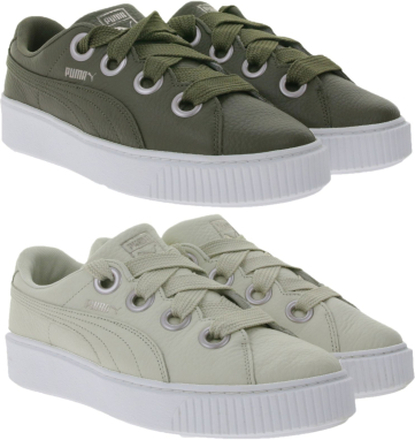 PUMA Platform Kiss Lea Damen Sneaker Plateau-Schuhe mit Echt-Leder Low-Top Sneaker Braun/Dunkelgrün oder Beige/Weiß