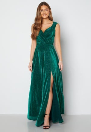 Goddiva Curve Glitter Wrap Front Maxi Dress With Split Emerald 48 (UK20)