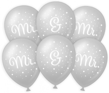 6x stuks Mr. & Mr. huwelijks feest ballonnen - zilver/wit - latex - ca 30 cm