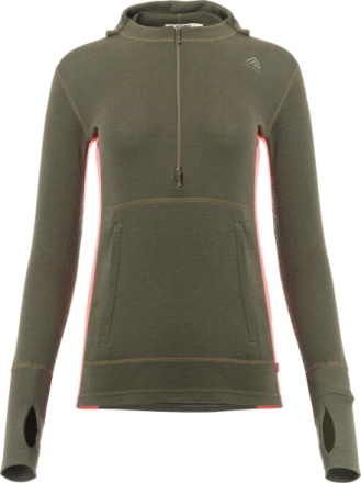 Aclima Women's WarmWool Hoodsweater with Zip Olive Night / Spiced Coral Underställströjor L