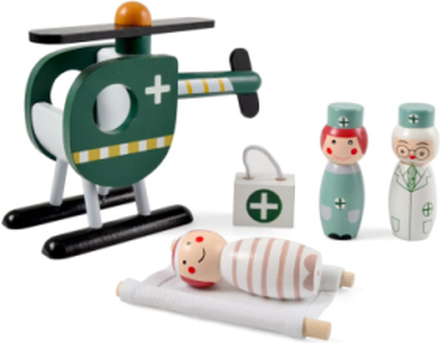 Rescue Helicopter With Doctors Toys Playsets & Action Figures Wooden Figures Multi/patterned Magni Toys