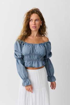 Gina Tricot - Puff sleeve denim blouse - bluser med puffermer - Blue - XS - Female