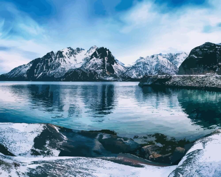 Malen nach Zahlen - Norwegischer See im Winter, mit Rahmen