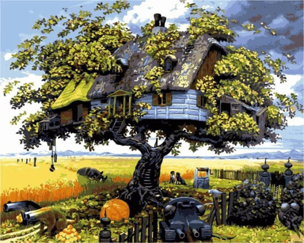 Haus im Baum - Malen nach Zahlen, 50x40cm / Mit Keilrahmen / 24 Farben (Einfach)