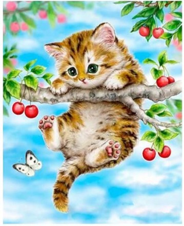 Katze auf Baum, Kirschen – Malen nach Zahlen, 60x75cm / Ohne Rahmen / 36 Farben (Bestseller)