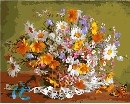 Gartenblumenkorb – Malen nach Zahlen, 50x40cm / Fertig bespannt / 24 Farben (Einfach)