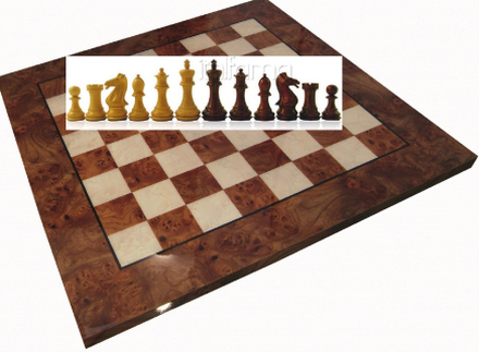 Komplett schack set E002 Schackbräde i Ljungträ och Alm 60x60 cm, blank yta, Pjäser i Rosenträ Kungens höjd 10cm
