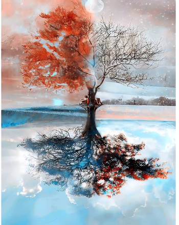 Malen nach Zahlen - Jahreszeiten Baum, Rottöne, 40x50cm / Mit Keilrahmen / 24 Farben (Einfach)