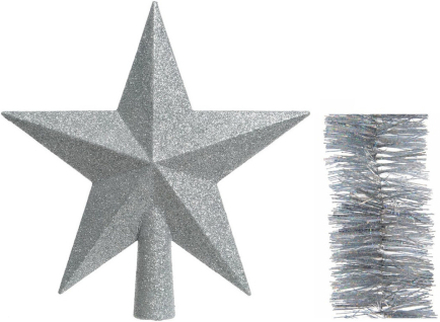 Kerstversiering kunststof glitter ster piek 19 cm en glitter slingers pakket zilver van 3x stuks