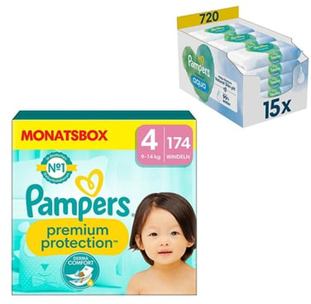 Pampers Premium Protection , størrelse 4 maxi, 9-14 kg, månedskasse (1x 174 bleer) og vådservietter Aqua 720 wipes (15 x 48 stk)