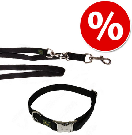 Sparset! HUNTER: Halsband Vario Basic + Hundeleine, schwarz - Halsband Grösse L + Leine 200 cm/20 mm