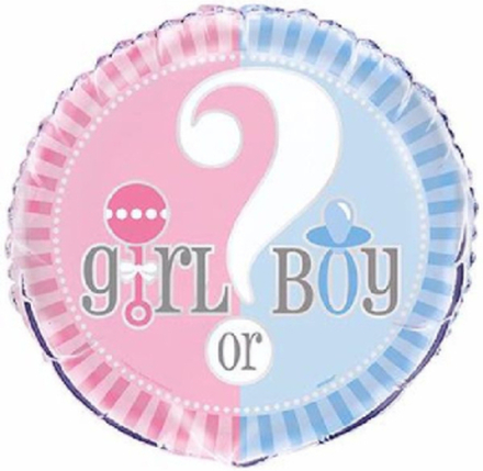 Girl or Boy? - Rund Rosa og Blå Folieballong ca 46 cm - Gender Reveal