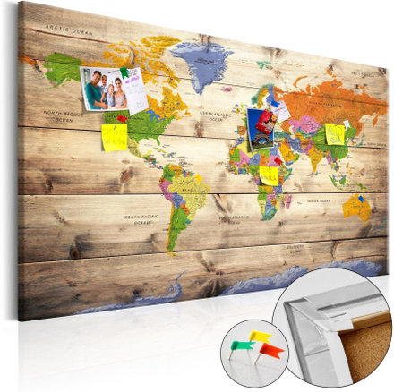 Anslagstavla i kork - Map on wood: Colourful Travels - 120x80