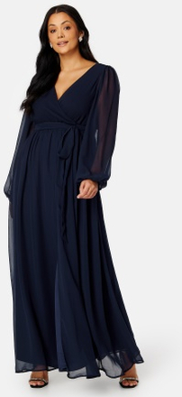 Goddiva Curve Long Sleeve Chiffon Maxi Curve Dress Navy 50 (UK22)