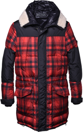 Long red and black chequered down jacket