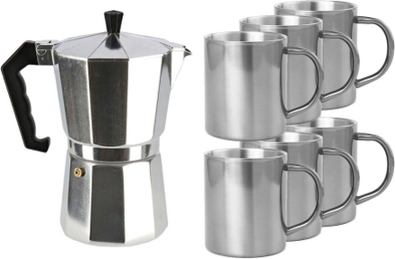 Zilveren percolator/espresso koffie apparaat met 6x RVS kopjes