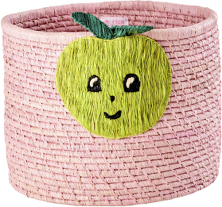 Rice - Raffia Round Basket - Pink w. Apple Embroidery
