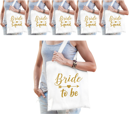 Vrijgezellenfeest dames tasjes/ goodiebag pakket: 1x Bride to Be wit+ 9x Bride Squad wit