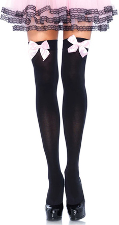 Nylon Thigh Highs With Bow Black/Pink O/S Sokker
