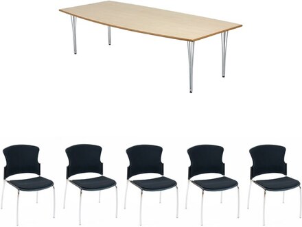 Konferensbord Meeting/Eiffel 260x120 + 8 Troy stolar, Bok bordsskiva, kromat stativ