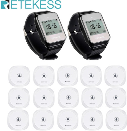 Retekess Wireless Restaurant Pager 2Pcs TD108 Watch Receiver + 15Pcs TD017 Call Button Transmitter For Coffee Bar Hotel Clinic