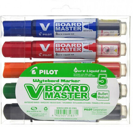 Pilot V-Board Master märkpennor 5 styck Rundad spets Svart, Blå, Grön, Orange, Röd