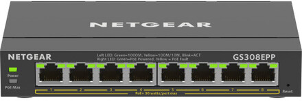 NETGEAR 8-Port Gigabit Ethernet High-Power PoE+ Plus Switch (GS308EPP) hanterad L2/L3 Gigabit Ethernet (10/100/1000) Strömförsörjning via Ethernet (PoE) stöd Svart