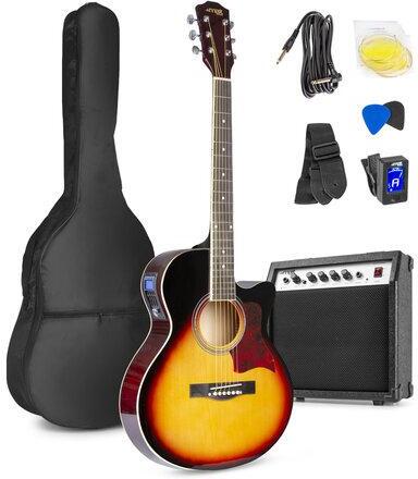 El akustisk gitarr pack sunburst med förstärkare och stämapparat Showkit elektrisk akustisk gitarr pack sunburst