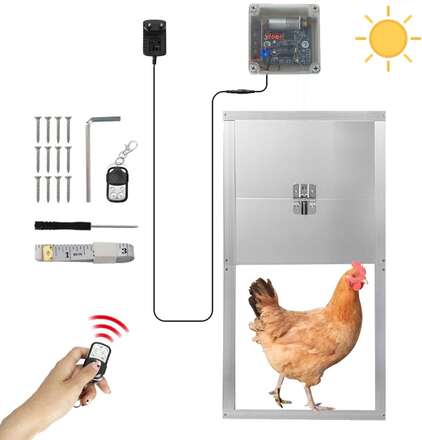 Automatisk hönsdörr, hönsgårdsdörröppnare med timer & ljussensor, nätdrift och fjärrkontroll