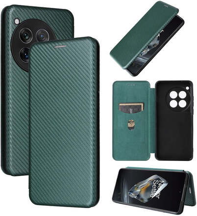 For OnePlus 12 Carbon Fiber Texture Flip Leather Phone Case(Green)