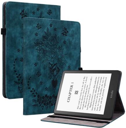 For Amazon Kindle Paperwhite 5 Butterfly Rose Embossed Leather Smart Tablet Case(Dark Blue)