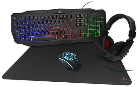 DELTACO GAMING 4-i-1 RGB-gaming kit, headset, tangentbord, mus och musmatta, RGB/svart