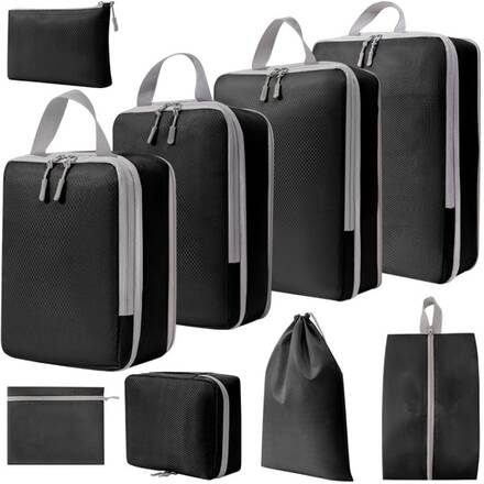 9 In 1 Compression Packing Cubes Expandable Travel Bags Luggage Organizer(Black)